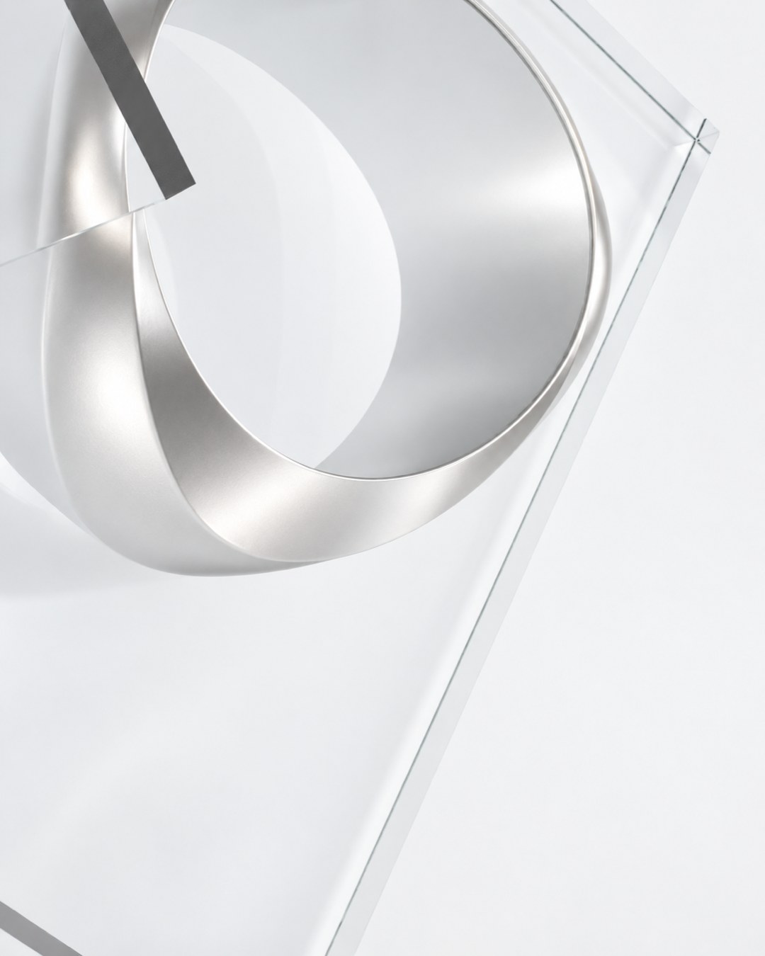 R.02, rendered study: a silver curve rising behind a pane of glass